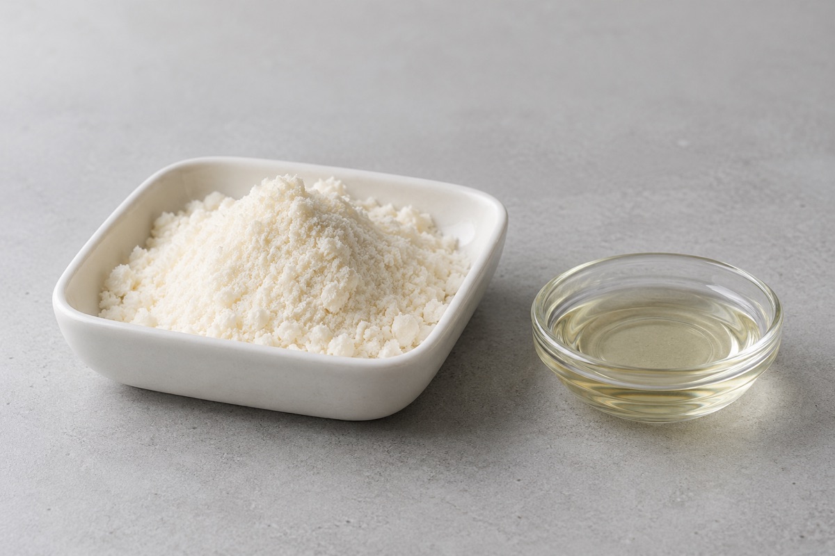 Illustrative study: Ivory powder in a porcelain dish beside a small dish of pale oil; not an actual GCI product photograph.