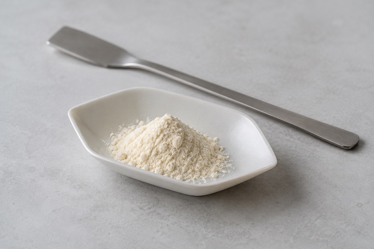 Illustrative study: Cream powder in a porcelain weighing dish beside a steel spatula; not an actual GCI product photograph.
