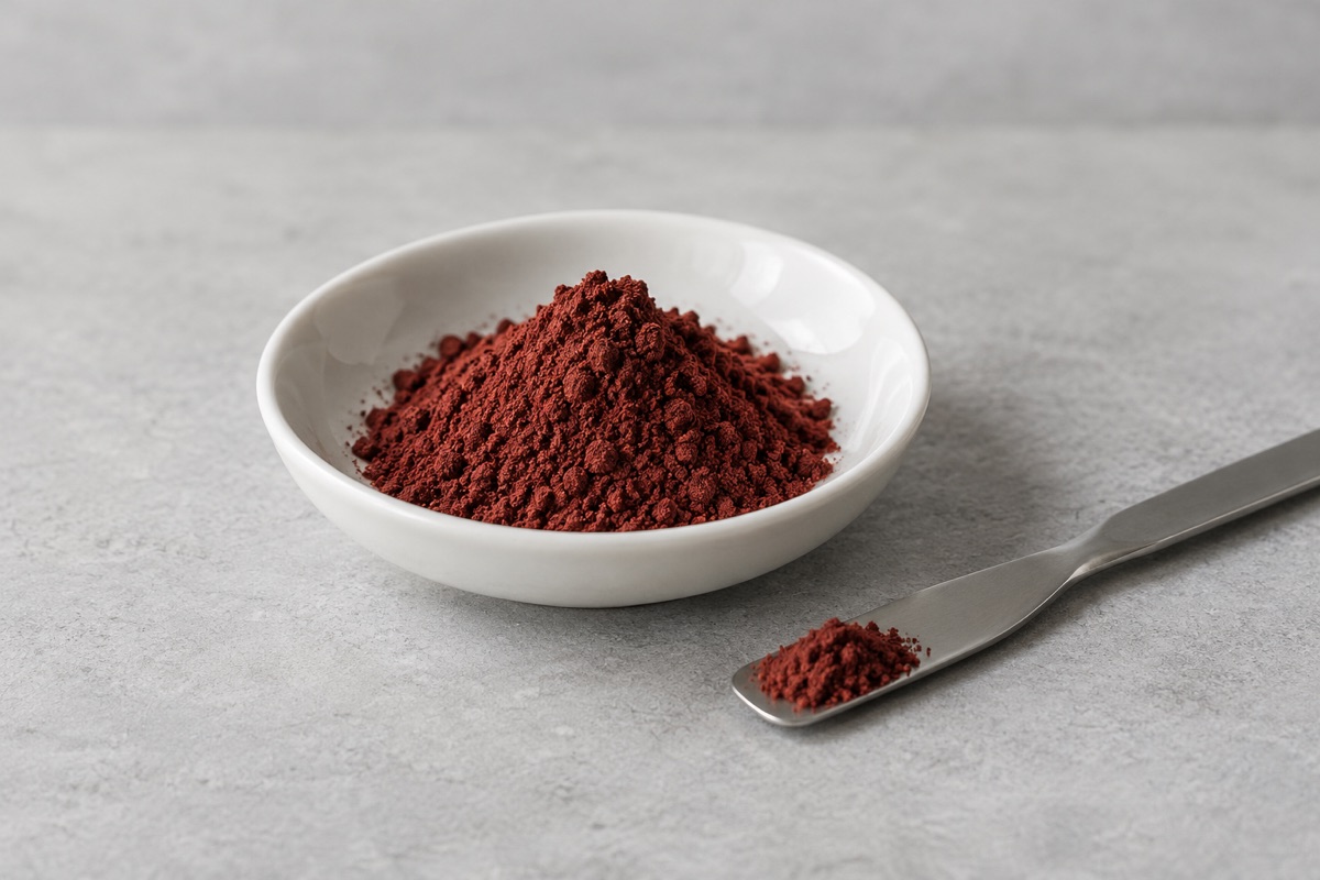 Illustrative study: Red-brown powder in a white dish beside a sample on a steel spatula; not an actual GCI product photograph.