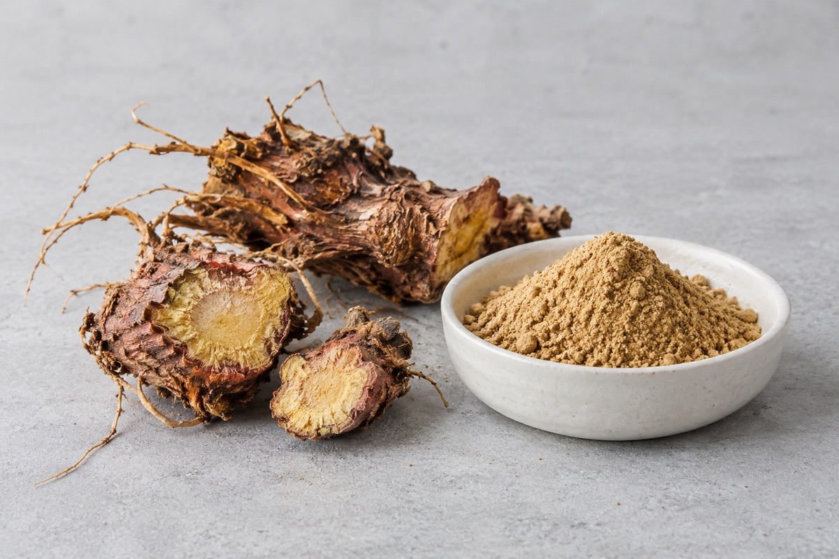 Illustrative study: Woody rhodiola rhizomes with golden cut interiors beside tan powder; not an actual GCI product photograph.