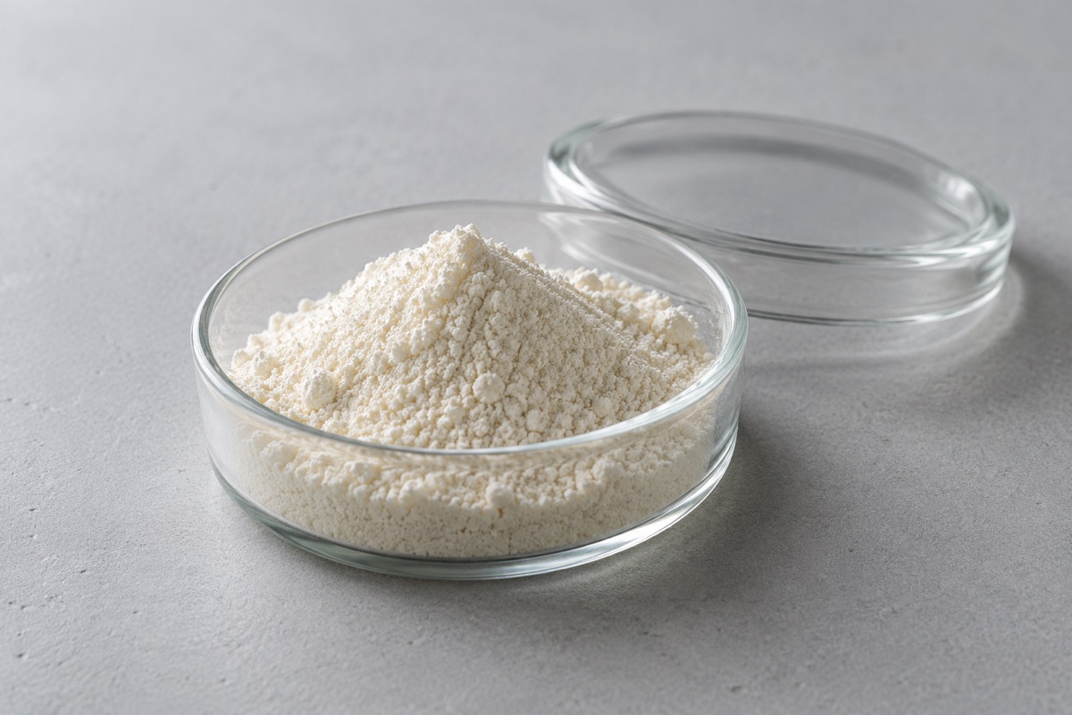 Illustrative study: Ivory enzyme-powder study in a shallow glass dish with a glass lid; not an actual GCI product photograph.